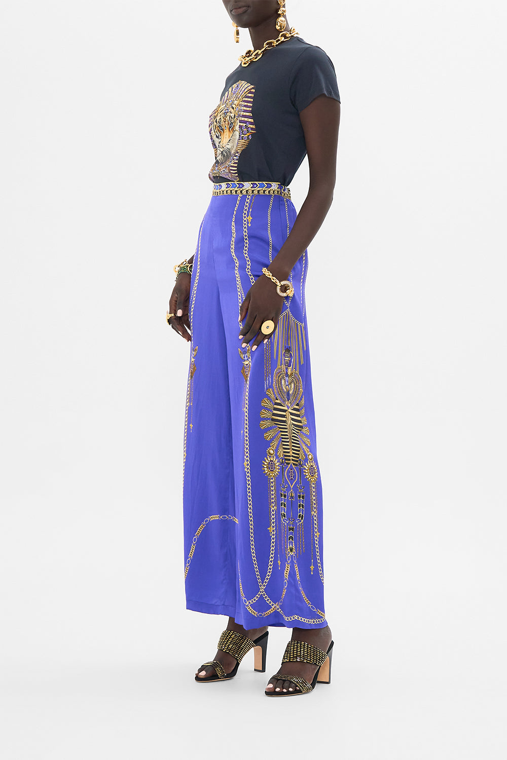 CAMILLA Black Slim Fit Round Neck T Shirt in My Fair Pharaoh print. 