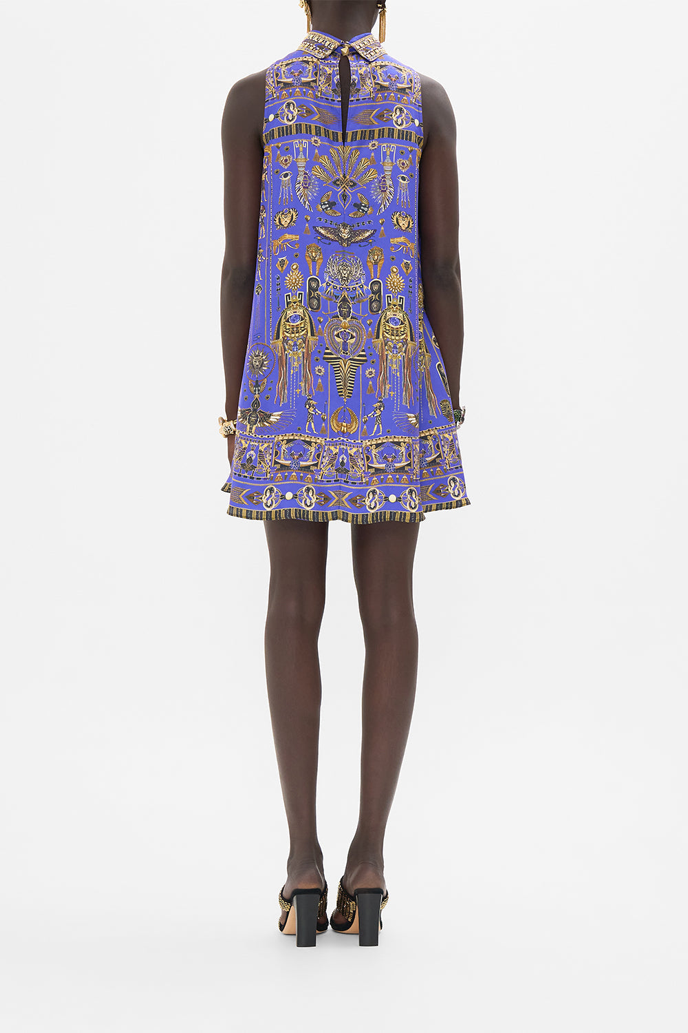 CAMILLA High Collar Shift Dress in My Fair Pharaoh print. 