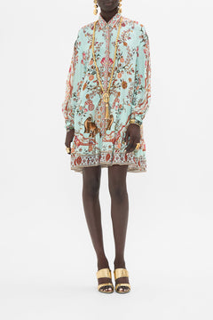 CAMILLA Long Sleeve Tiered Short Dress in Weaving Worlds print