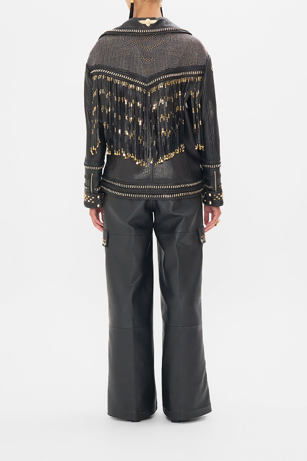 CAMILLA Black/Gold Oversized Leather Biker Jacket in They Called Her Nefertari print