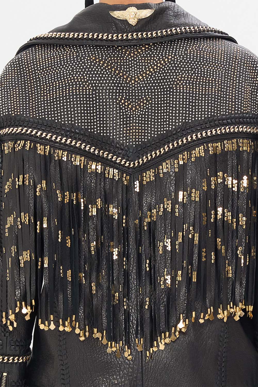 CAMILLA Black/Gold Oversized Leather Biker Jacket in They Called Her Nefertari print