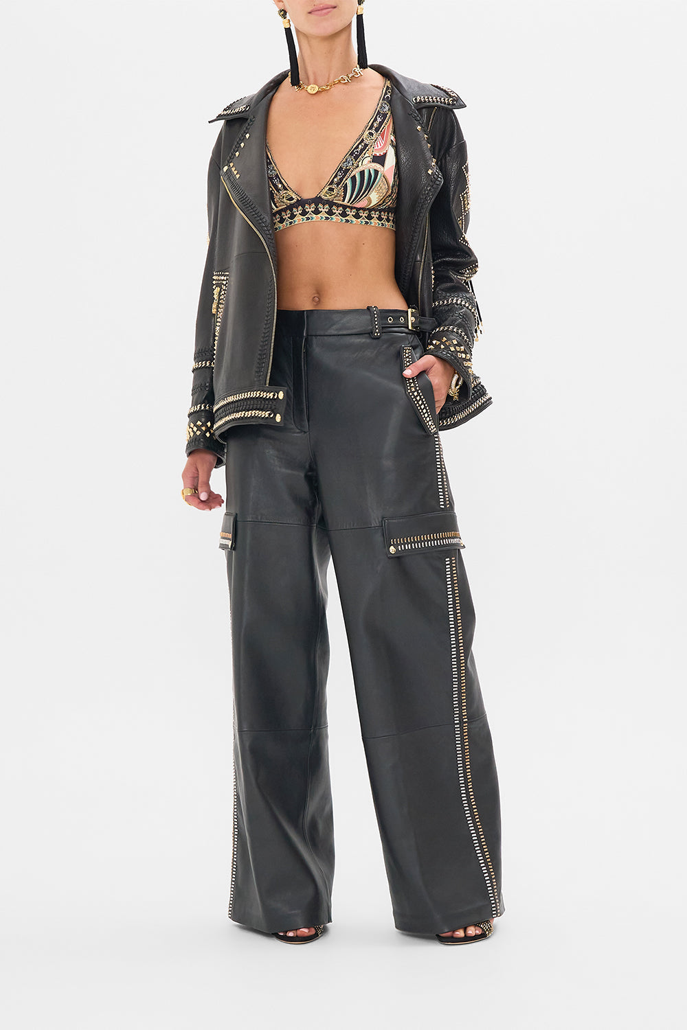 CAMILLA Black/Gold Oversized Leather Biker Jacket in They Called Her Nefertari print