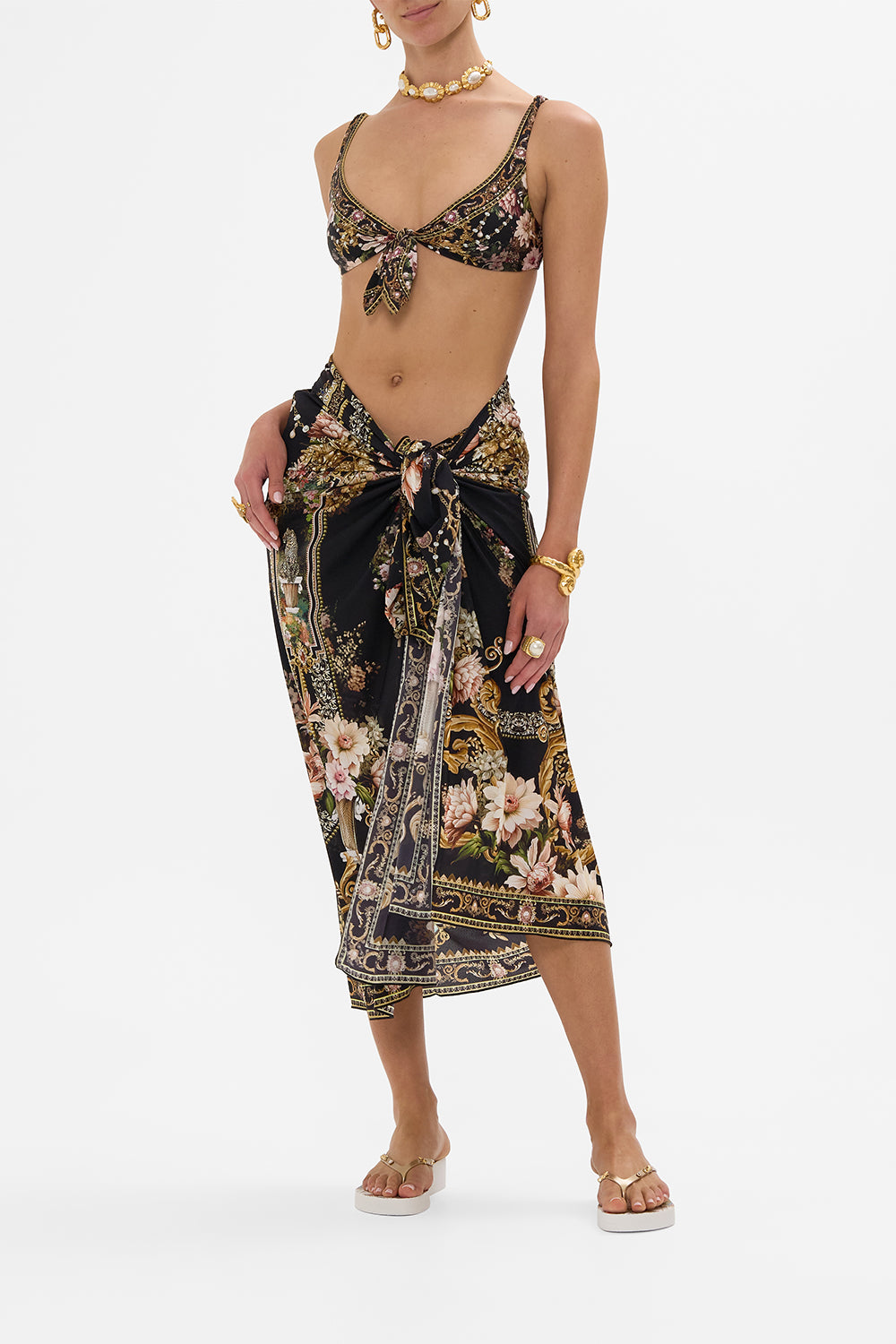 CAMILLA tie front bra in Dynasty Daze print. 