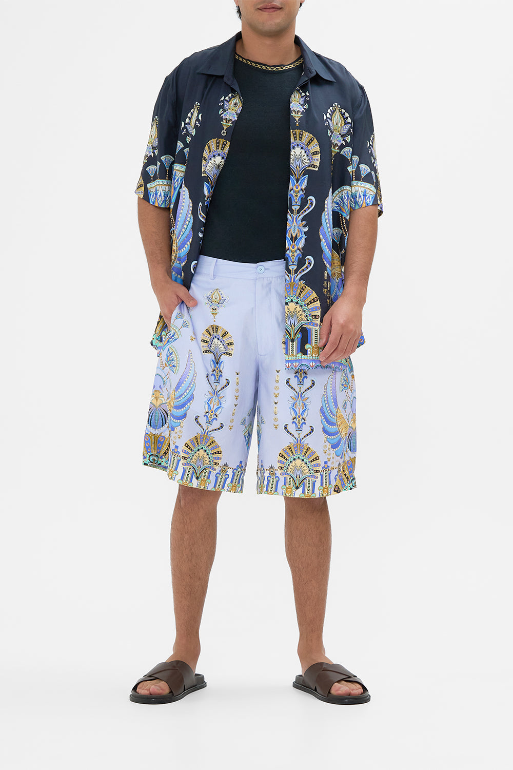 Hotel Franks By CAMILLA Black Fixed Waist Mid-Length Walk Short in Under Scarab Skies print