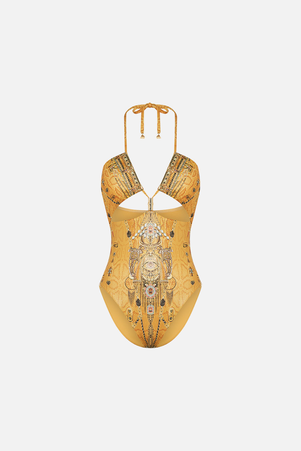 CAMILLA Gold Cut-Out Halter One Piece with Trim in Valley of the Kings Print