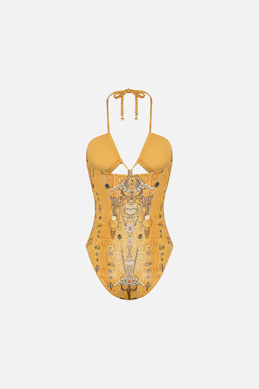 CAMILLA Gold Cut-Out Halter One Piece with Trim in Valley of the Kings Print