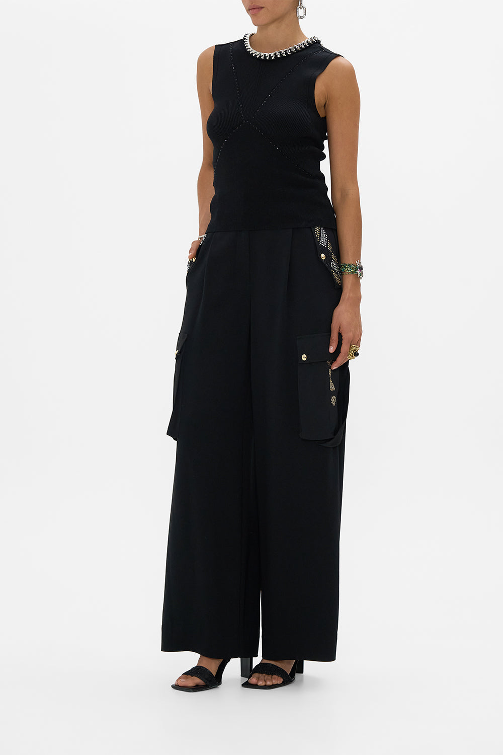 The CAMILLA SLEEVELESS KNIT TANK TOP CARTOUCHE KINGDOM in our  print.