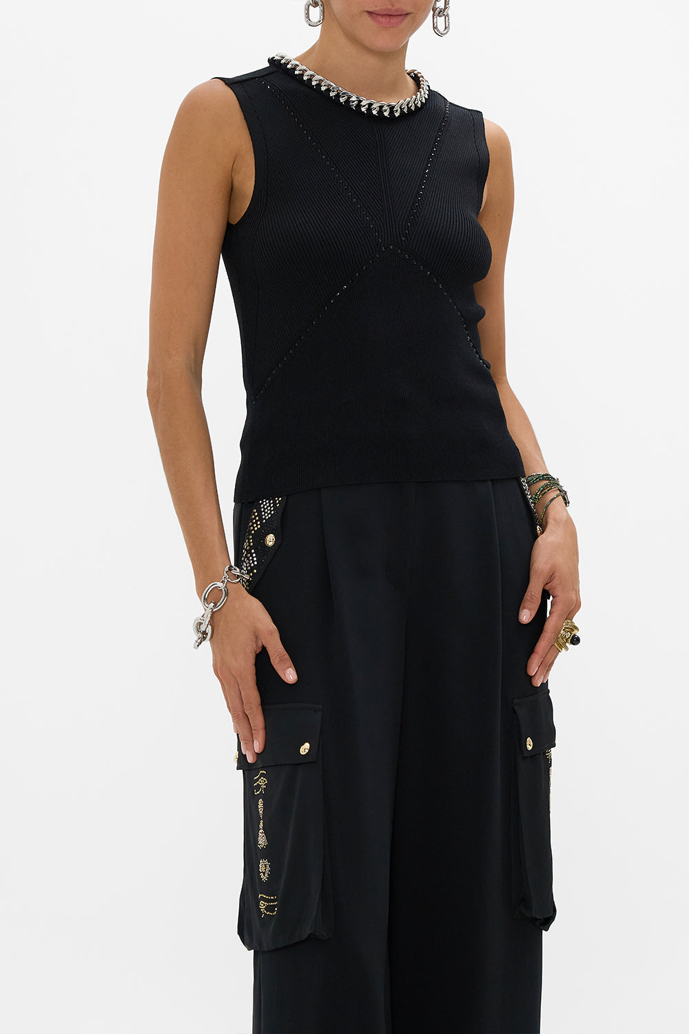 The CAMILLA SLEEVELESS KNIT TANK TOP CARTOUCHE KINGDOM in our  print.