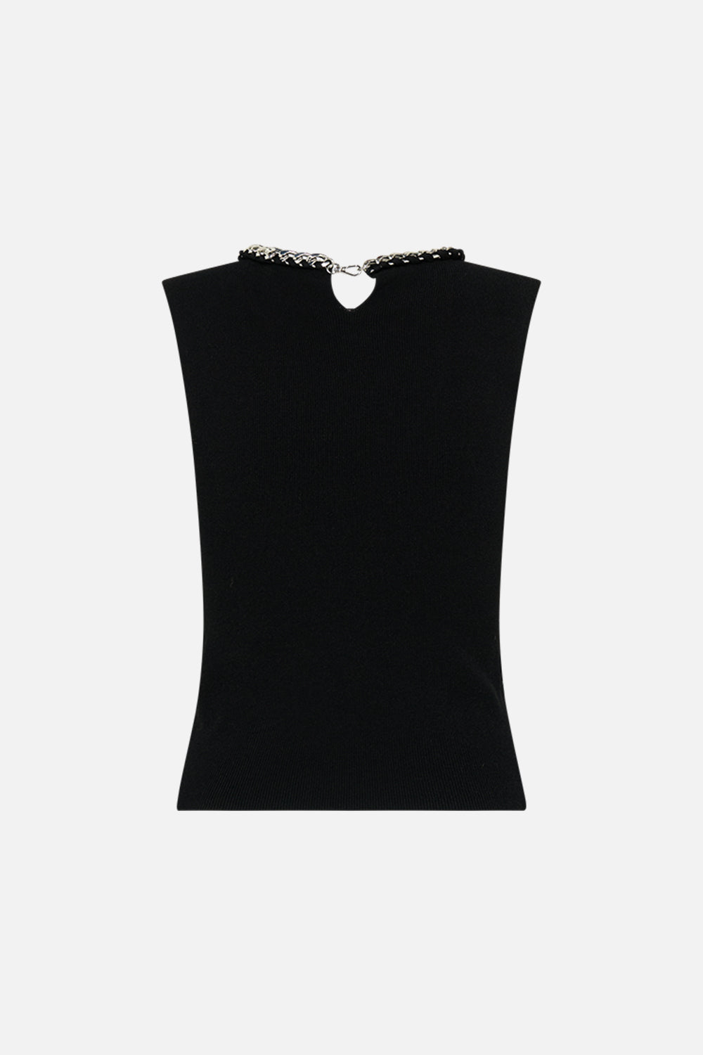 The CAMILLA SLEEVELESS KNIT TANK TOP CARTOUCHE KINGDOM in our  print.