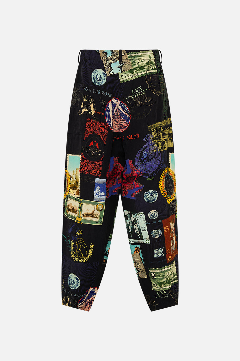 Hotel Franks By CAMILLA black relaxed dropped crotch pant in Landmark and Love Letters print. 