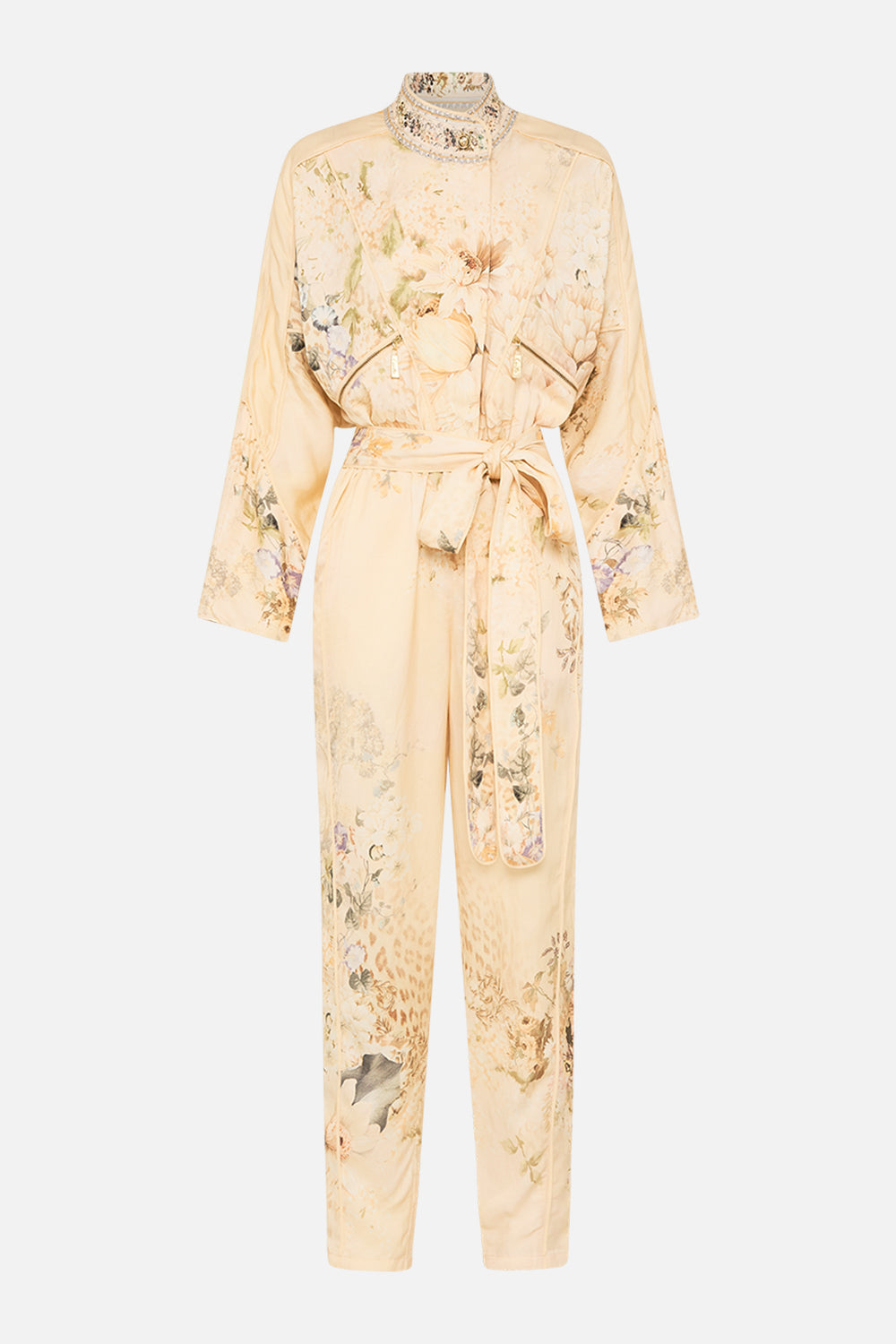 CAMILLA floral zip front panel jumpsuit in Adorned in Antiquity print. 