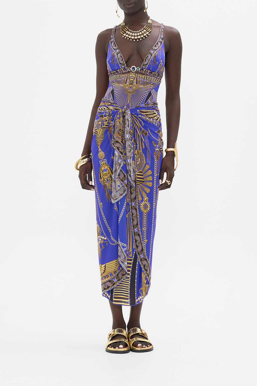 CAMILLA Layered Long Sarong With Front Tie in My Fair Pharaoh print.  