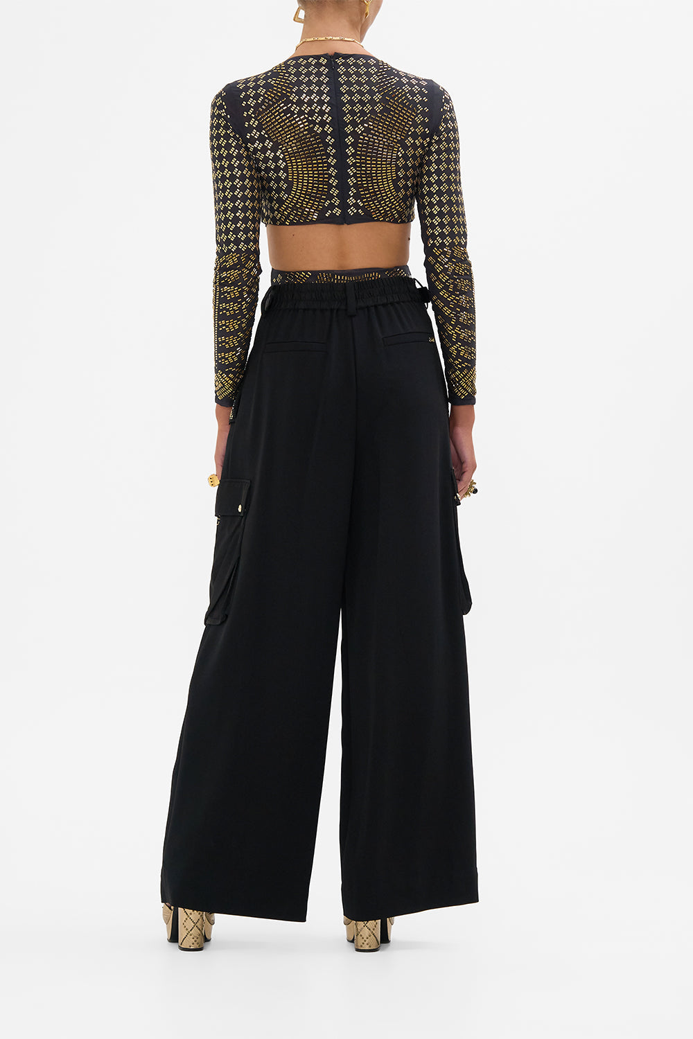 CAMILLA Black/Gold Mesh Cut-Out Bodysuit with Trim in They Called Her Nefertari print