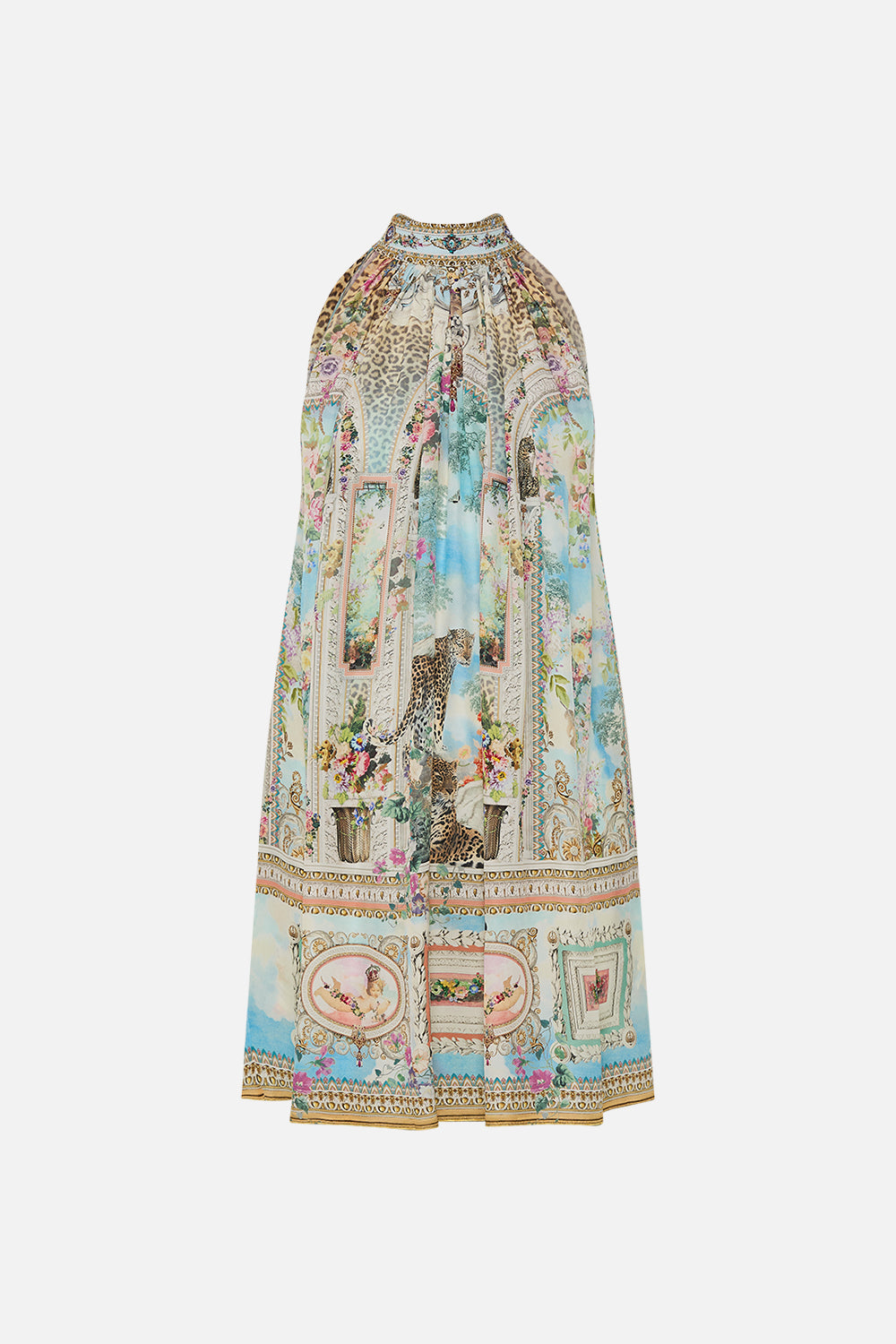 CAMILLA Tie Neck Mini Dress in We Always Have Alexandria print. 