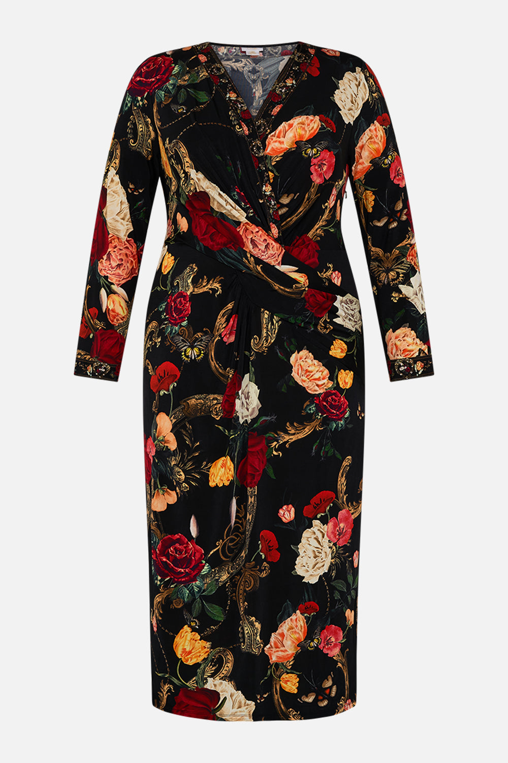 CAMILLA Black V-Neck Midi Cross Front Dress in Magic in the Manuscripts