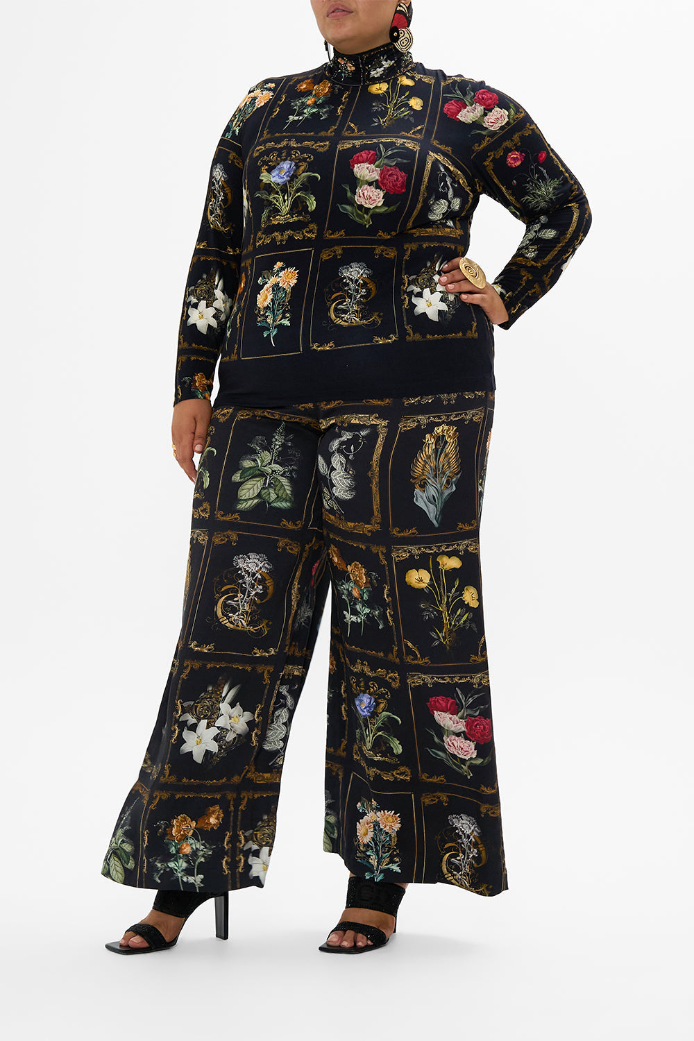 CAMILLA floral wide side high leg pant in Stitched in Time print.