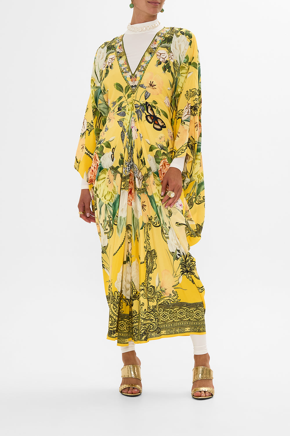 CAMILLA yellow T Shape Long Kaftan in Paths of Gold