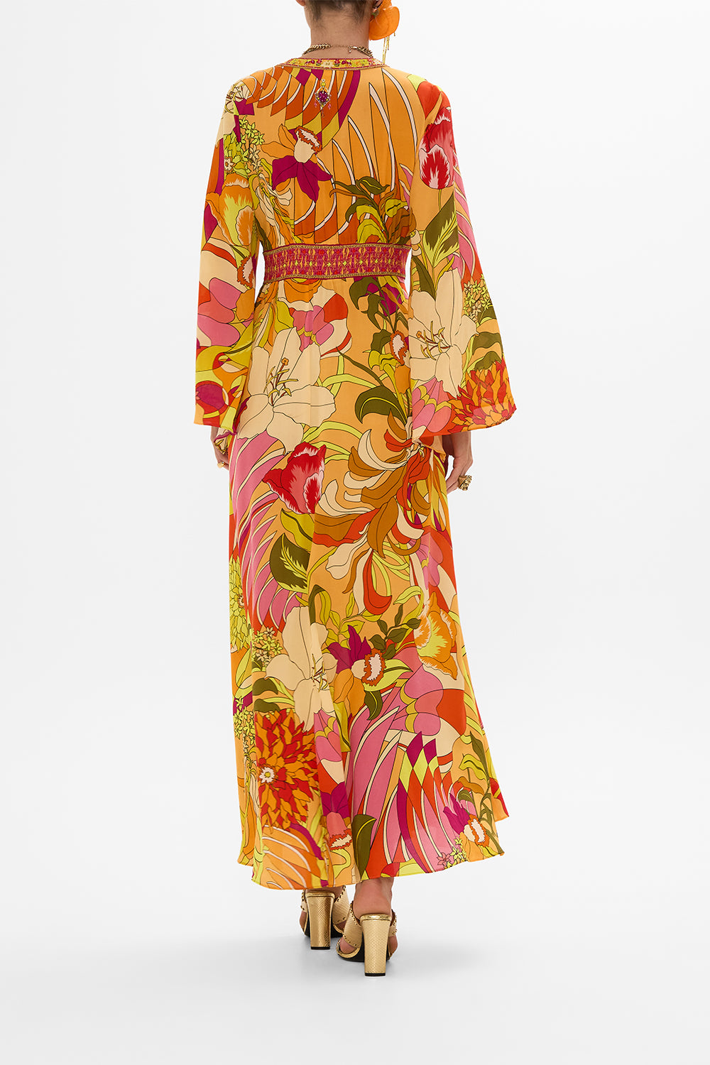 CAMILLA Floral Kimono Sleeve Dress with Shirring Detail in The Flower Child Society