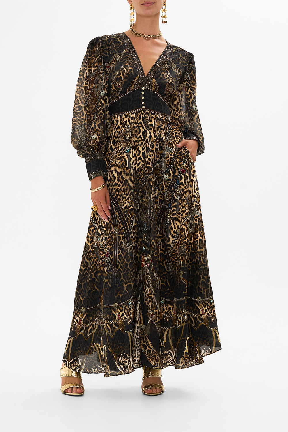 CAMILLA Leopard Shaped Waistband Dress with Gathered Sleeves in Amsterglam