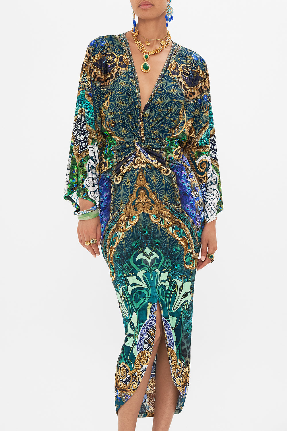 Crop view of model wearing CAMILLA jersey dress in Fan Dance print