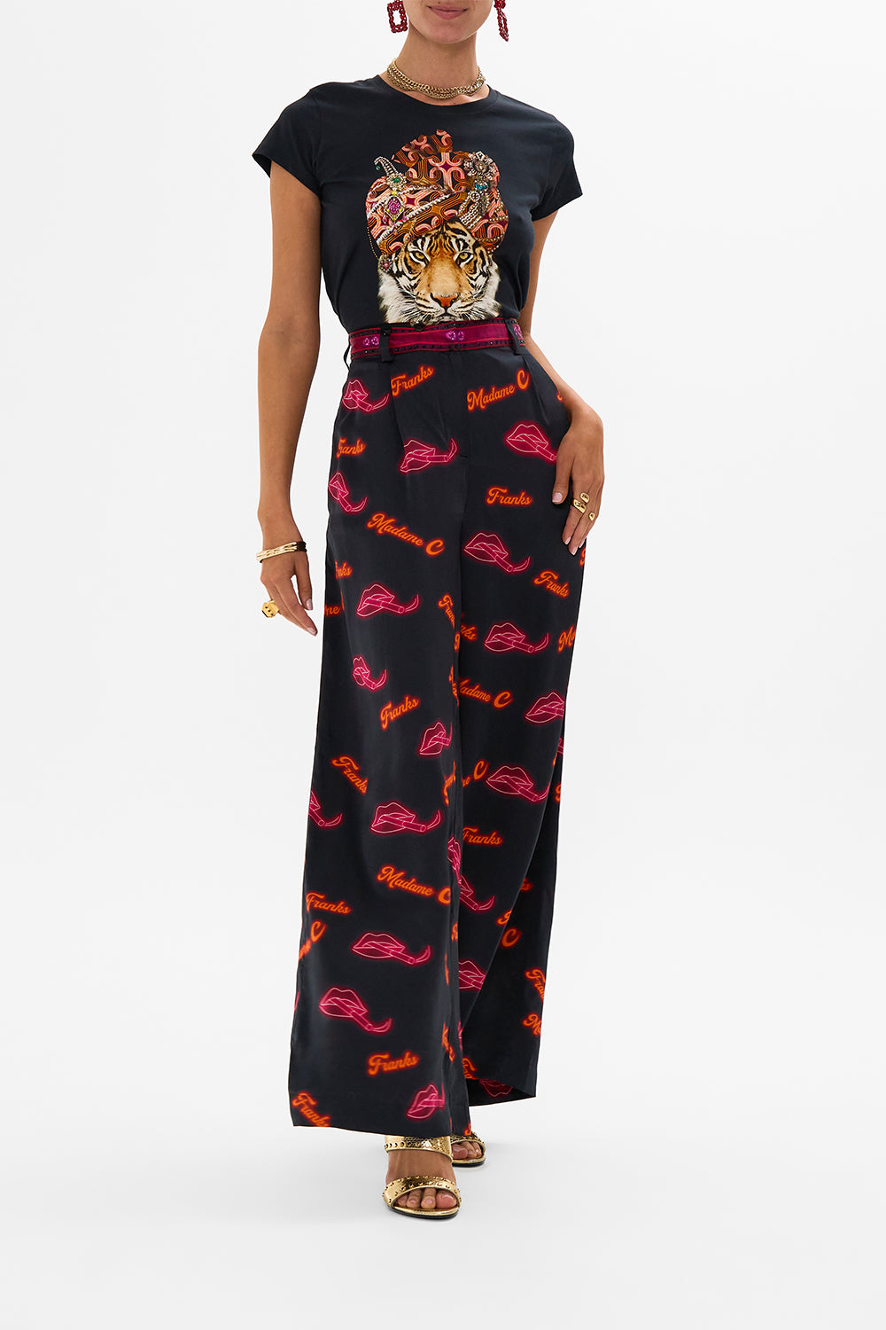 The CAMILLA WIDE LEG WAISTED PANT ELECTRIC LOVELAND in our ELECTRIC LOVELAND print.