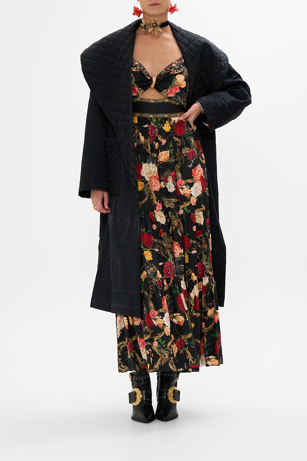 CAMILLA Black Puffer Long Wrap Coat in Magic in the Manuscripts print