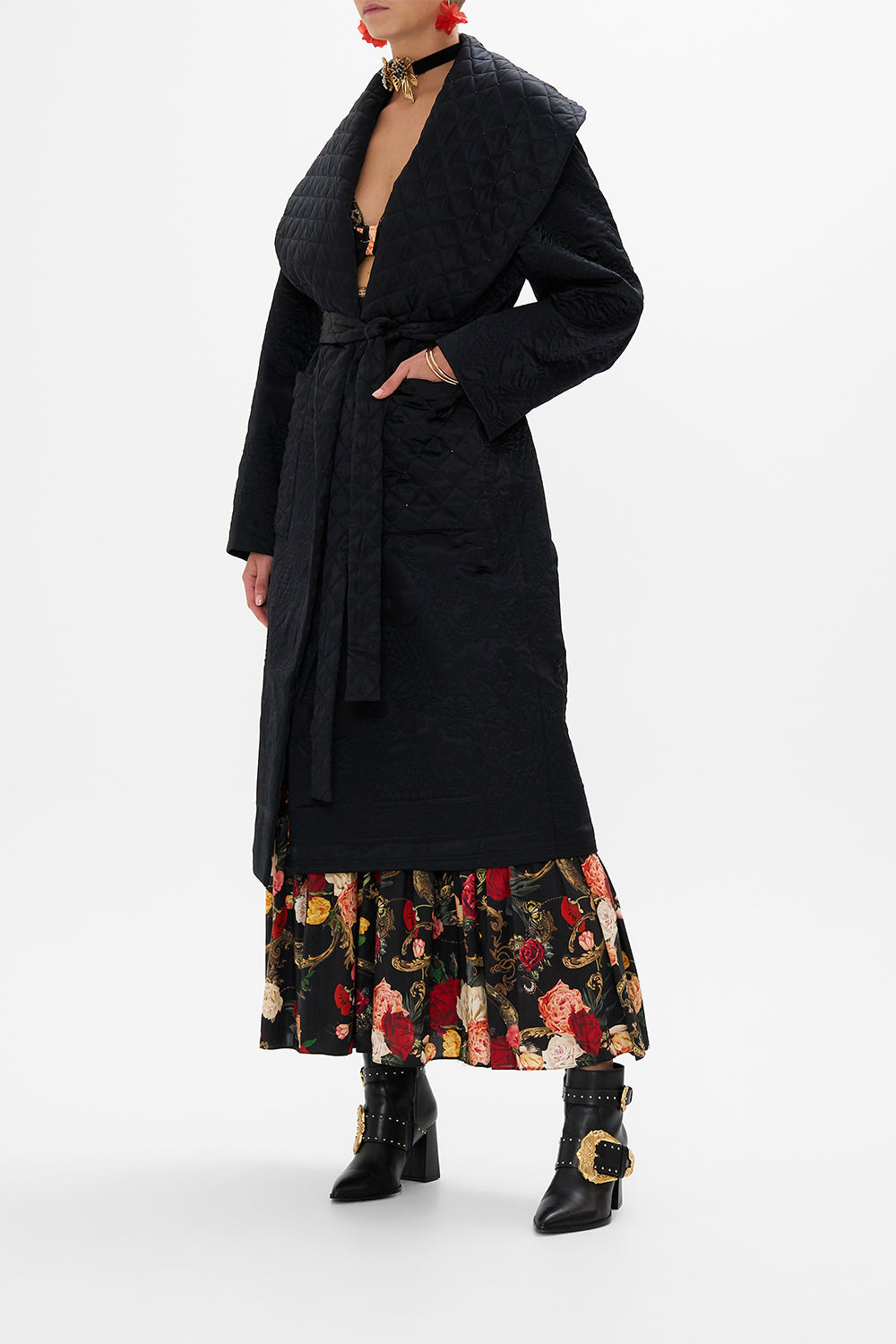 CAMILLA Black Puffer Long Wrap Coat in Magic in the Manuscripts print