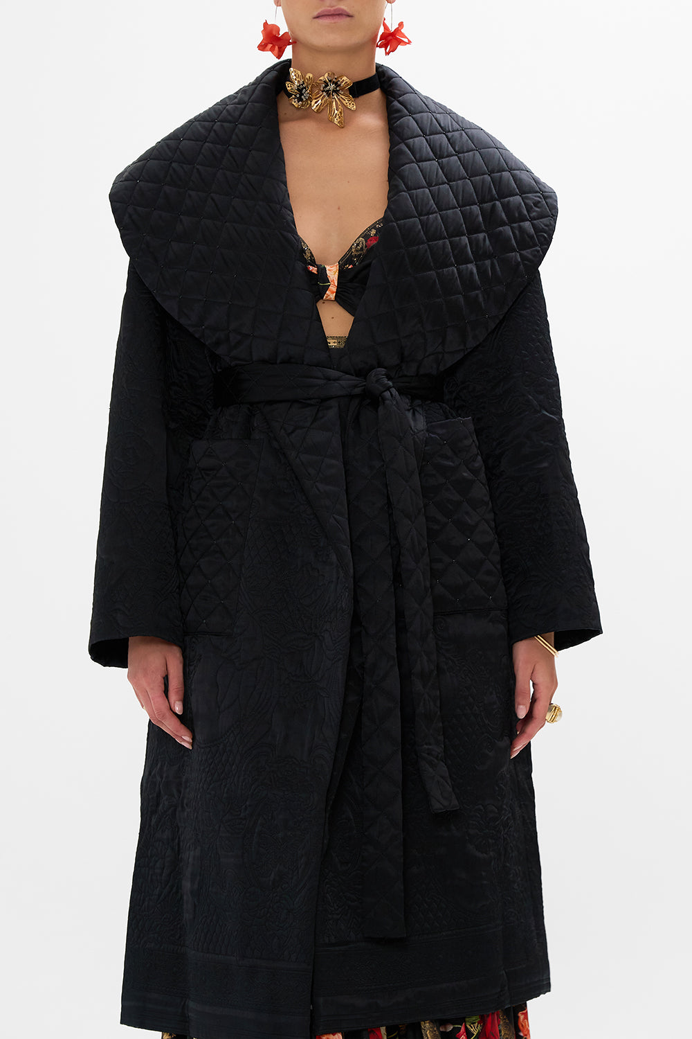 CAMILLA Black Puffer Long Wrap Coat in Magic in the Manuscripts print