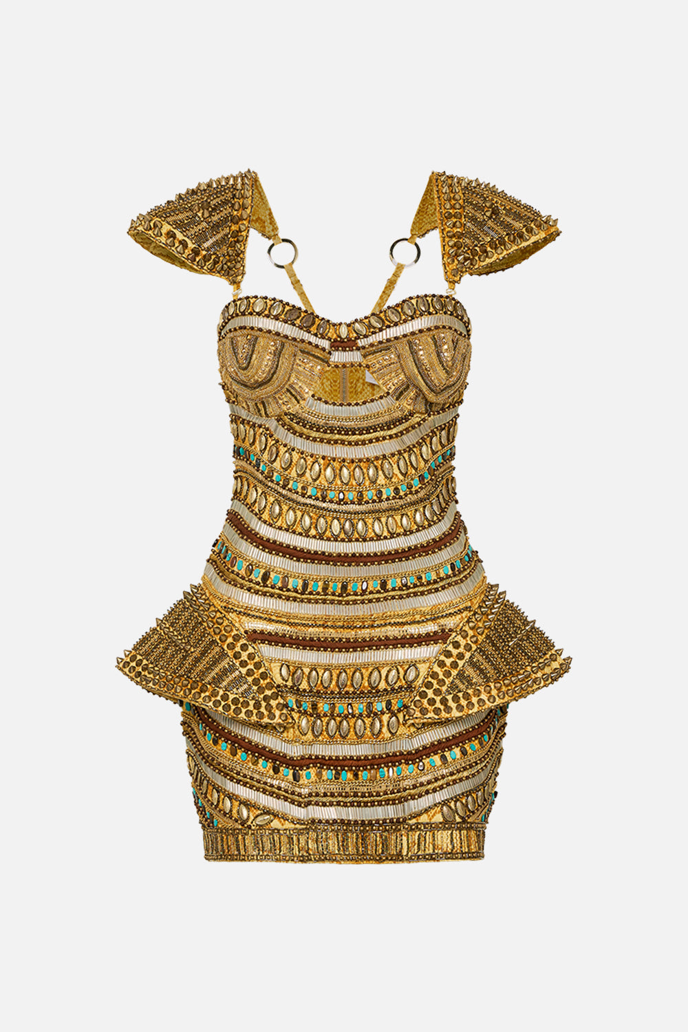 CAMILLA Gold Hand Embellished Bustier Dress in Valley of the Kings Print