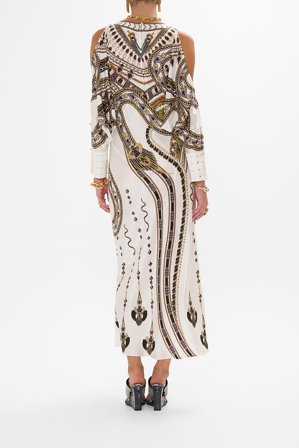 PLUNGE NECK DRAPED SHOULDER DRESS GODDESS ENERGY