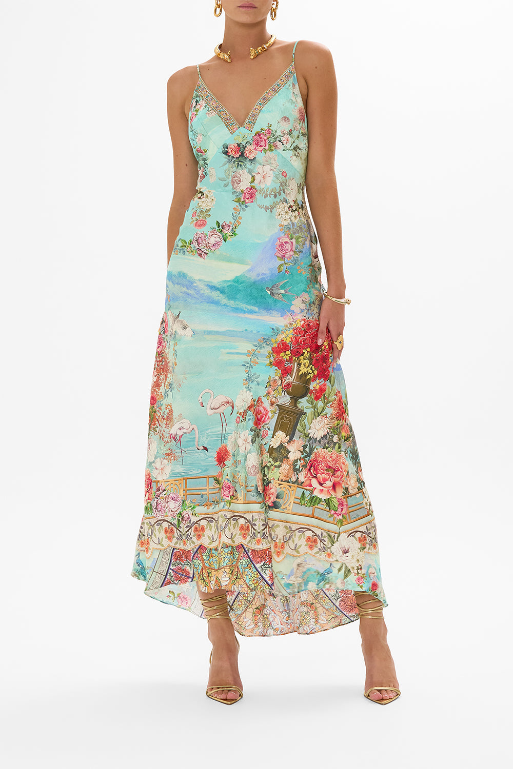 CAMILLA V neck bias slip dress with back frill in The jewellery museum print.