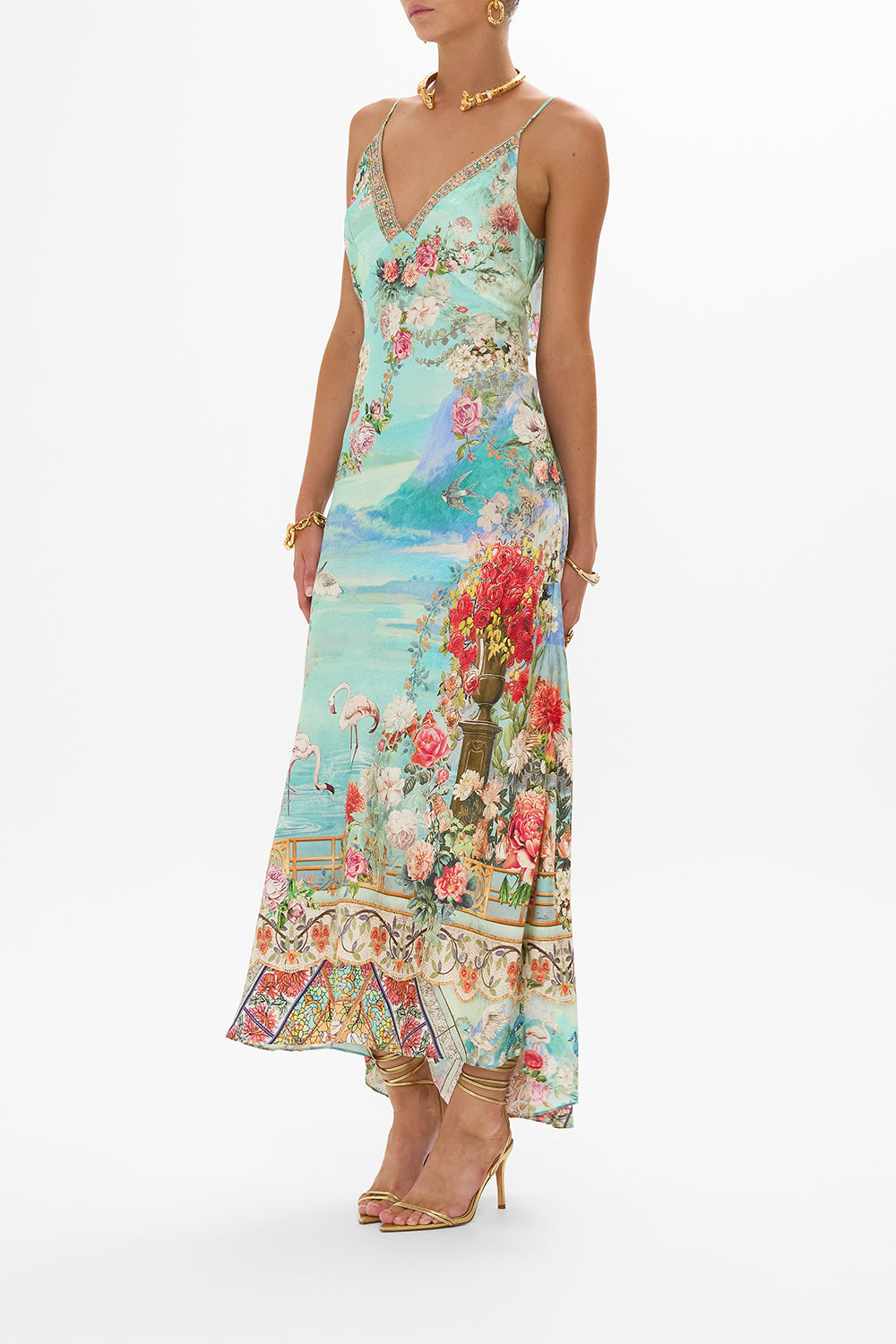 CAMILLA V neck bias slip dress with back frill in The jewellery museum print.