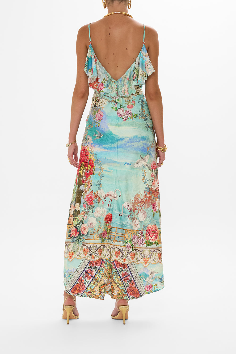 CAMILLA V neck bias slip dress with back frill in The jewellery museum print.