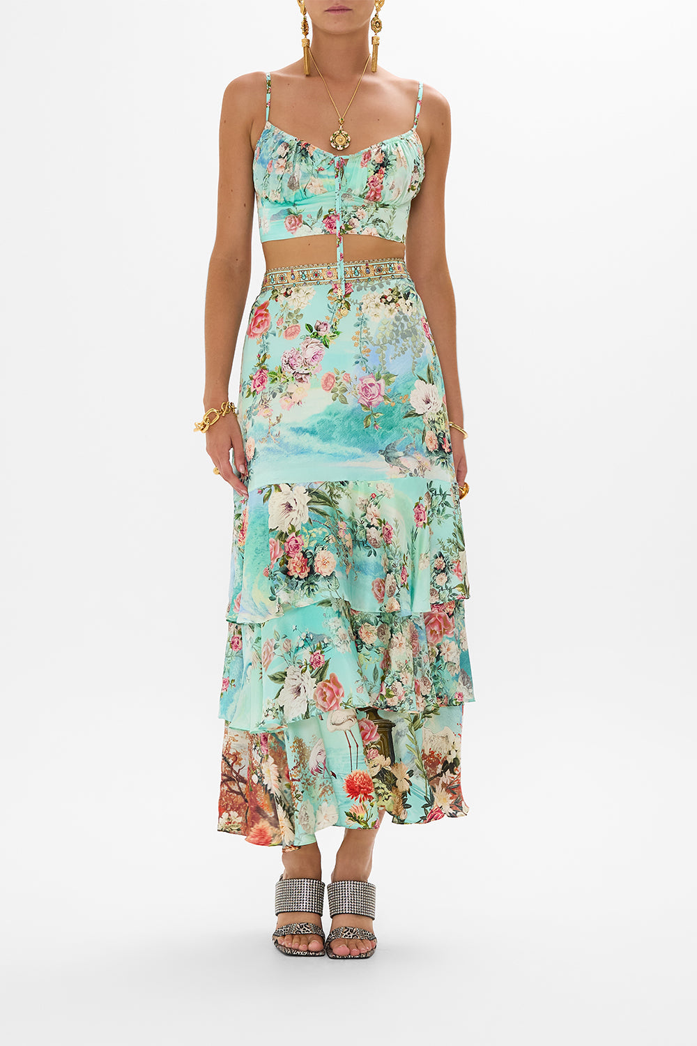 CAMILLA Tiered ruffle skirt in The jewellery museum print.
