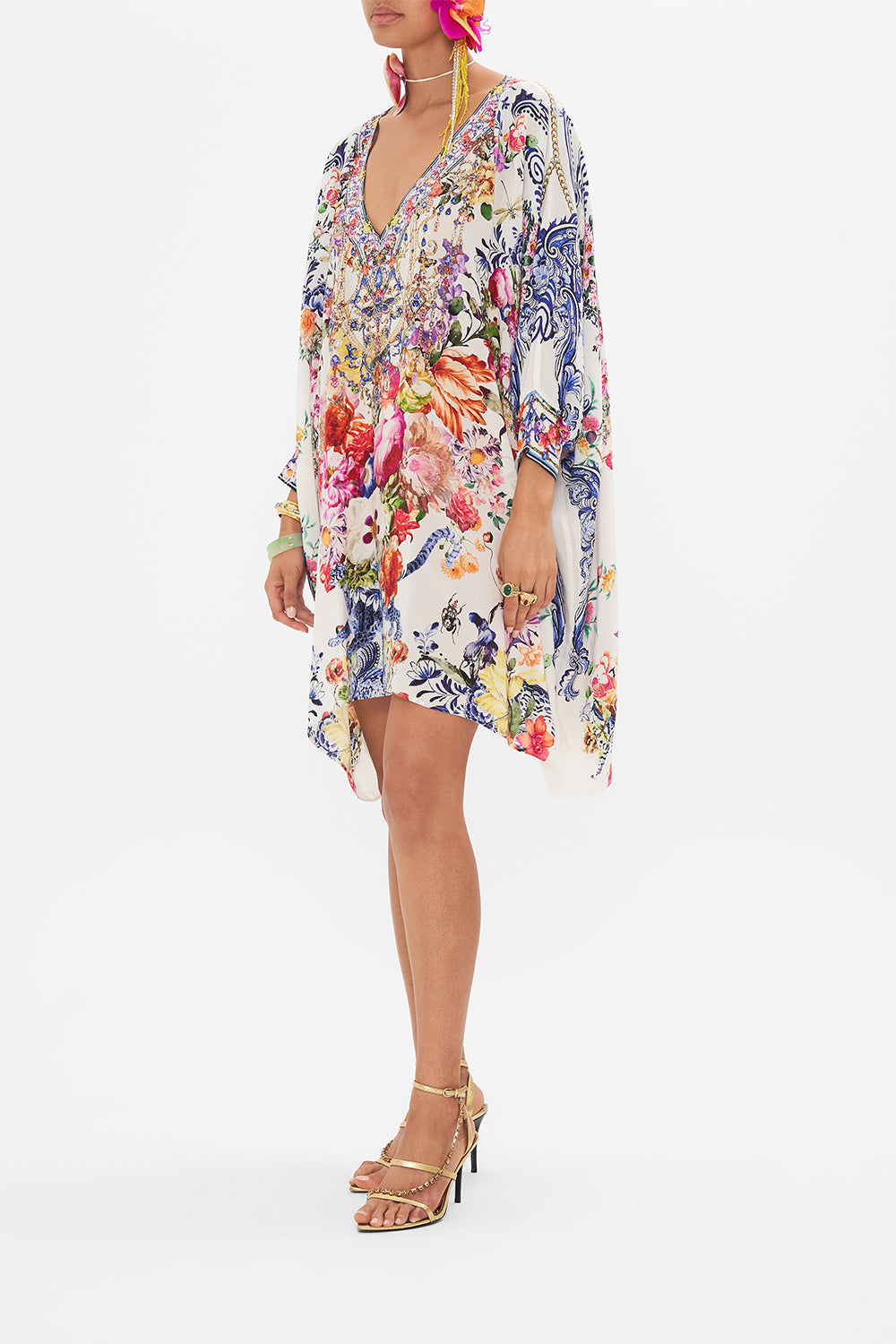 Side view of model wearing CAMILLA shirt kaftan in Dutch Is Life print