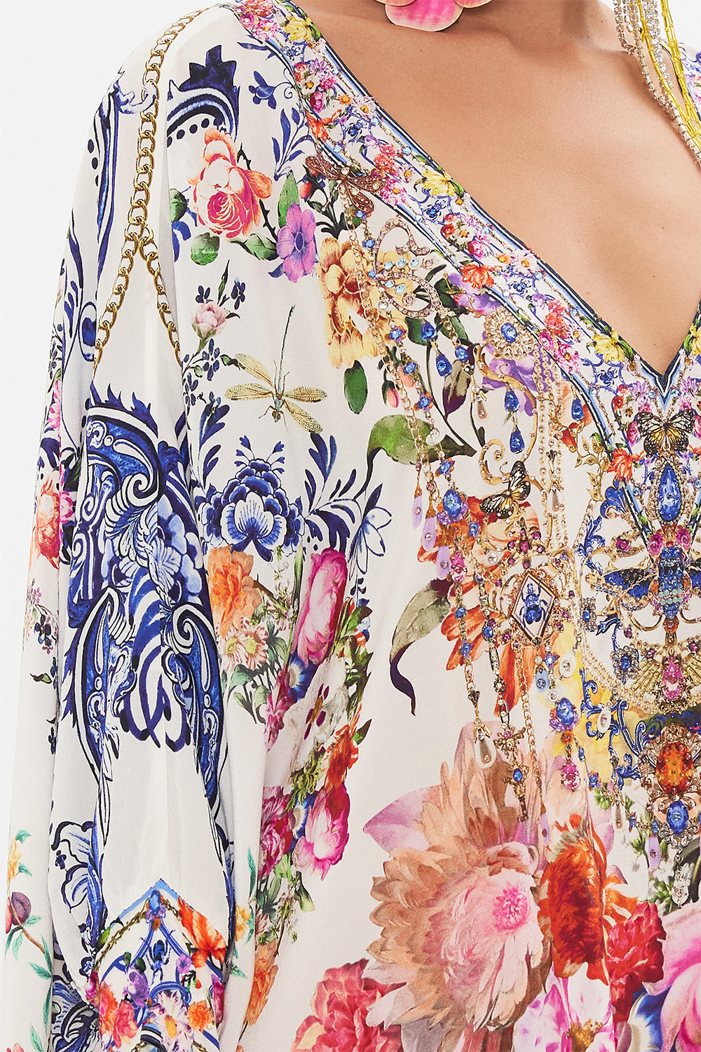 Detail view of model wearing CAMILLA shirt kaftan in Dutch Is Life print