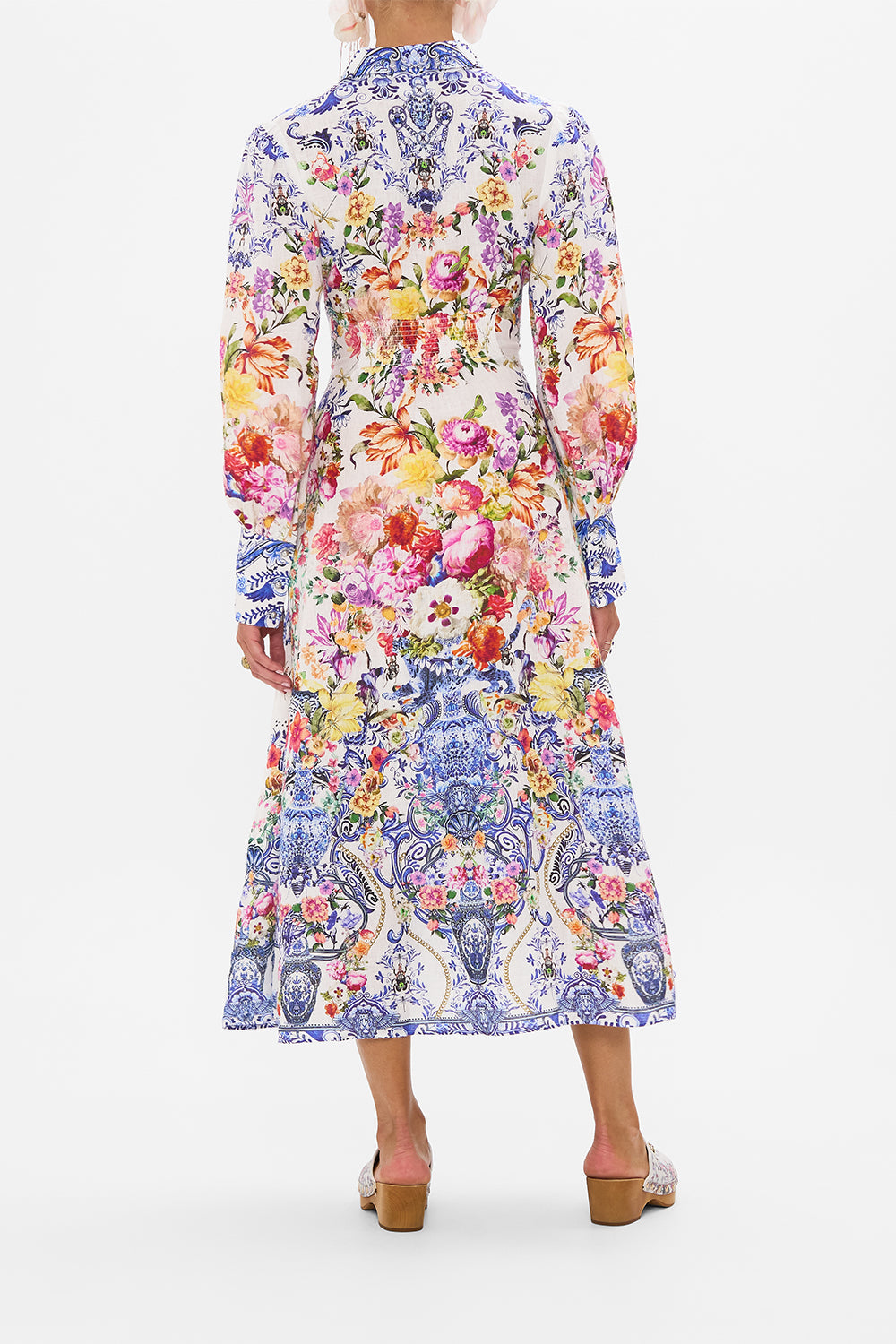 Back view of model wearing CAMILLA silk shirt dress in Dutch Is Life print