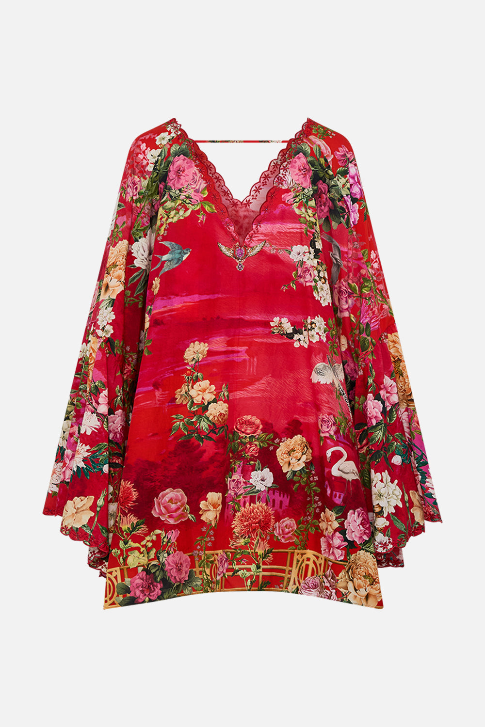 CAMILLA Short v neck ruffle kaftan in Sweet home Alexandria print.