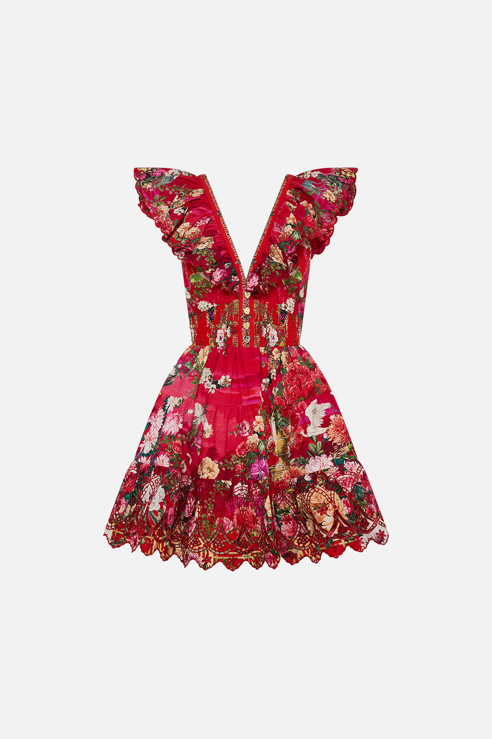 CAMILLA Tiered short dress with neck frill in Sweet home Alexandria print.