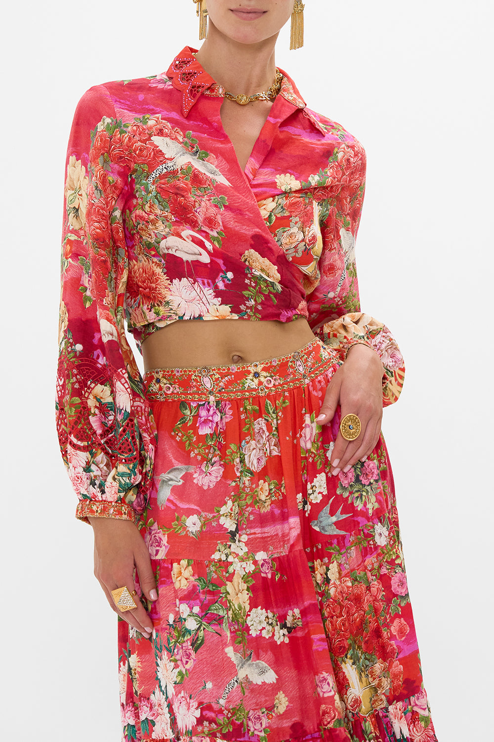 The CAMILLA CROPPED WRAP SHIRT SWEET HOME ALEXANDRIA in our  print.