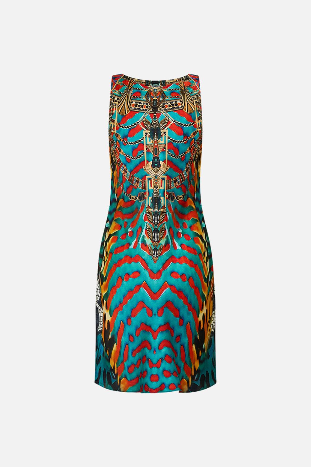 CAMILLA Short bias Slip Dress with Wide Strap in Desert Visions print. 