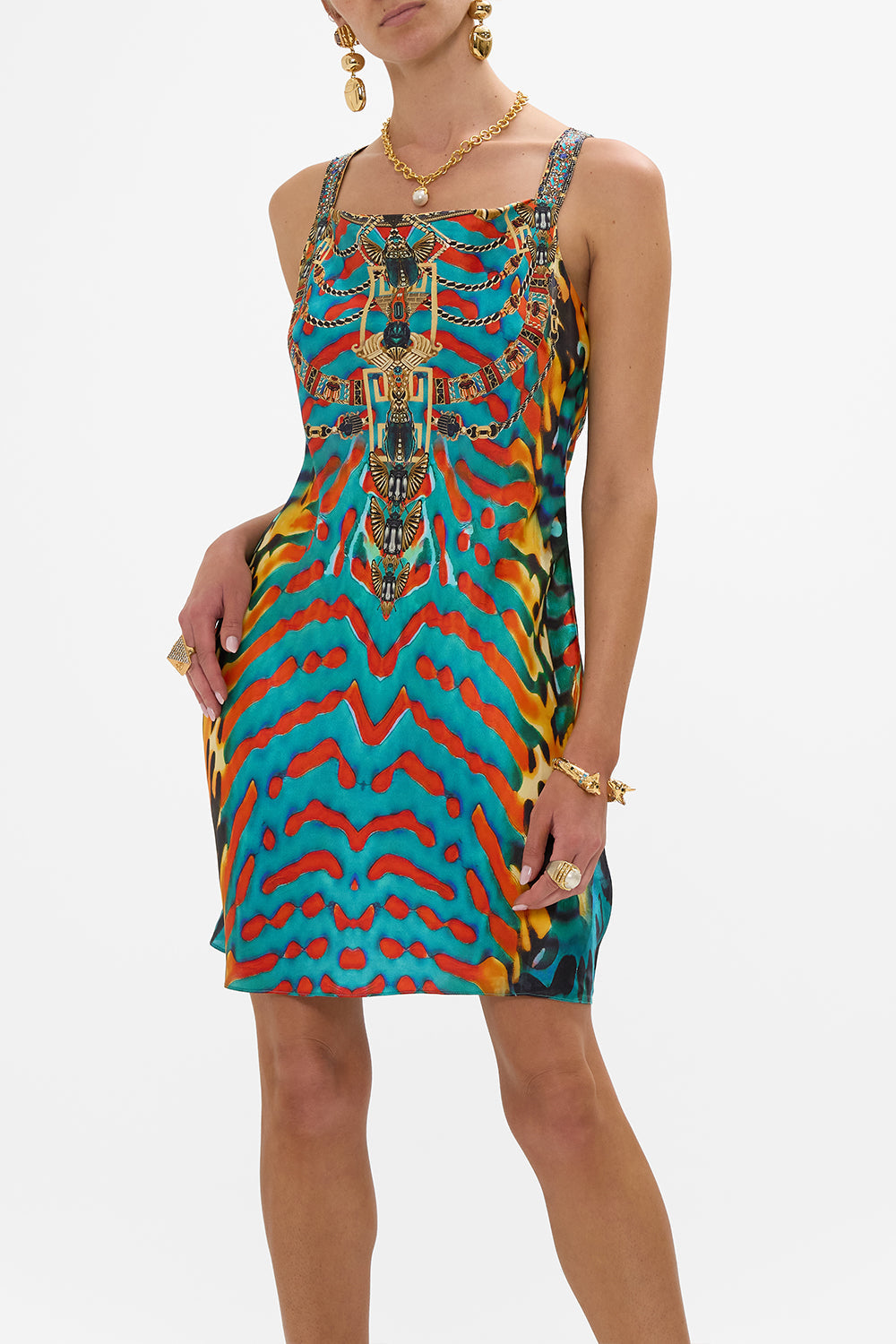 CAMILLA Short bias Slip Dress with Wide Strap in Desert Visions print. 