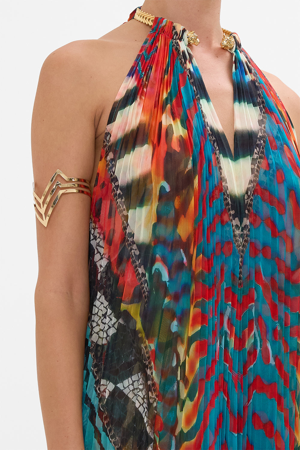 CAMILLA plisse jupsuit with neckpiece in Desert Visions print.