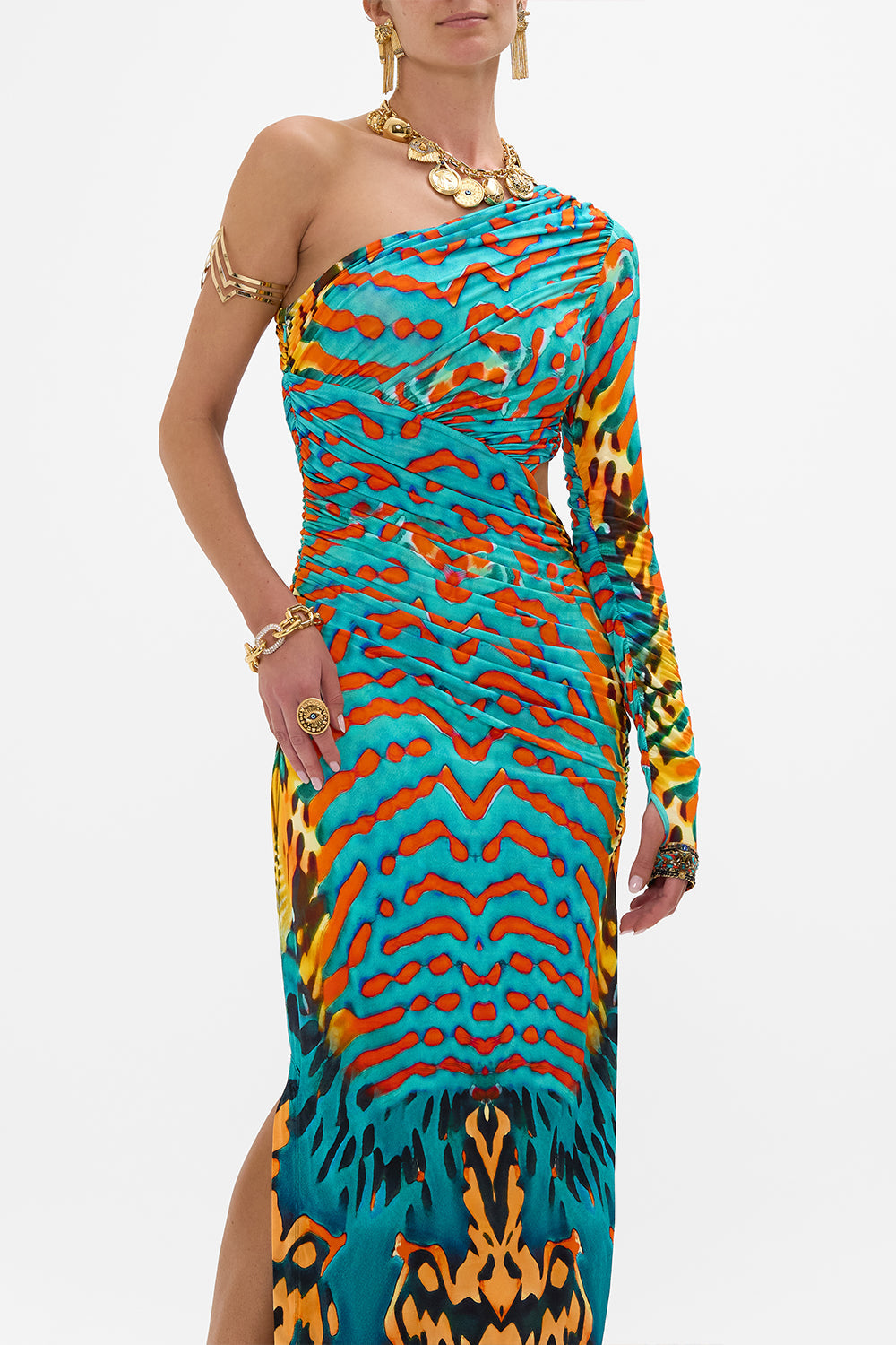 CAMILLA One Shoulder Jersey Cut Out Dress in Desert Visions print.