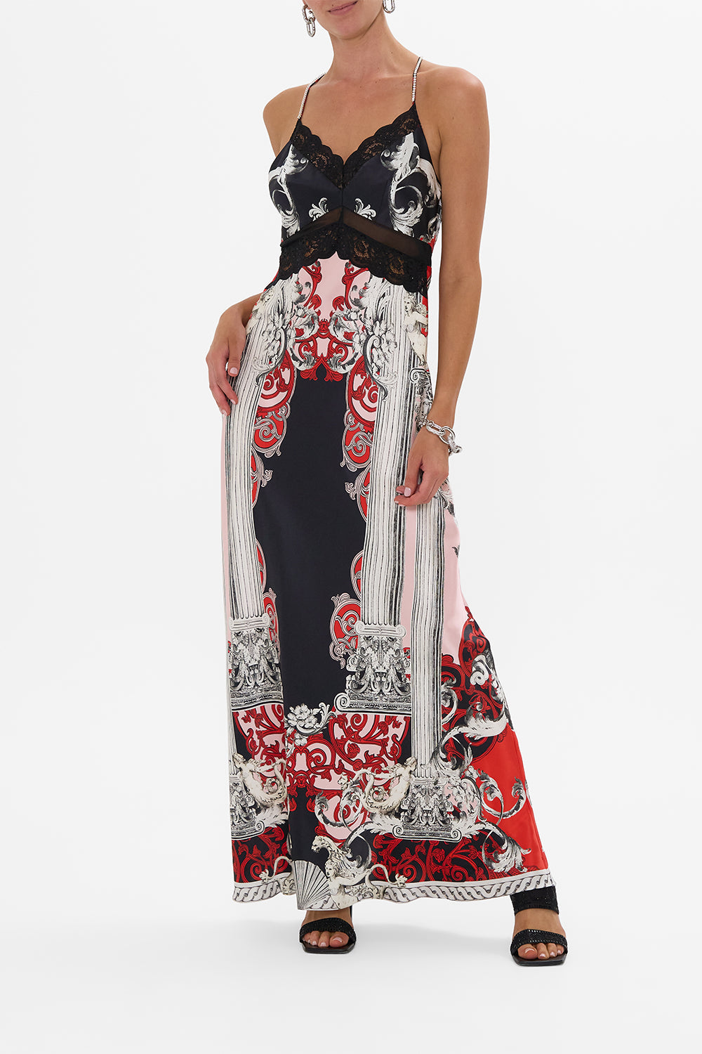 The CAMILLA LACE SPLICE BIAS LONG DRESS MARK OF MEDUSA in our MARK OF MEDUSA print.