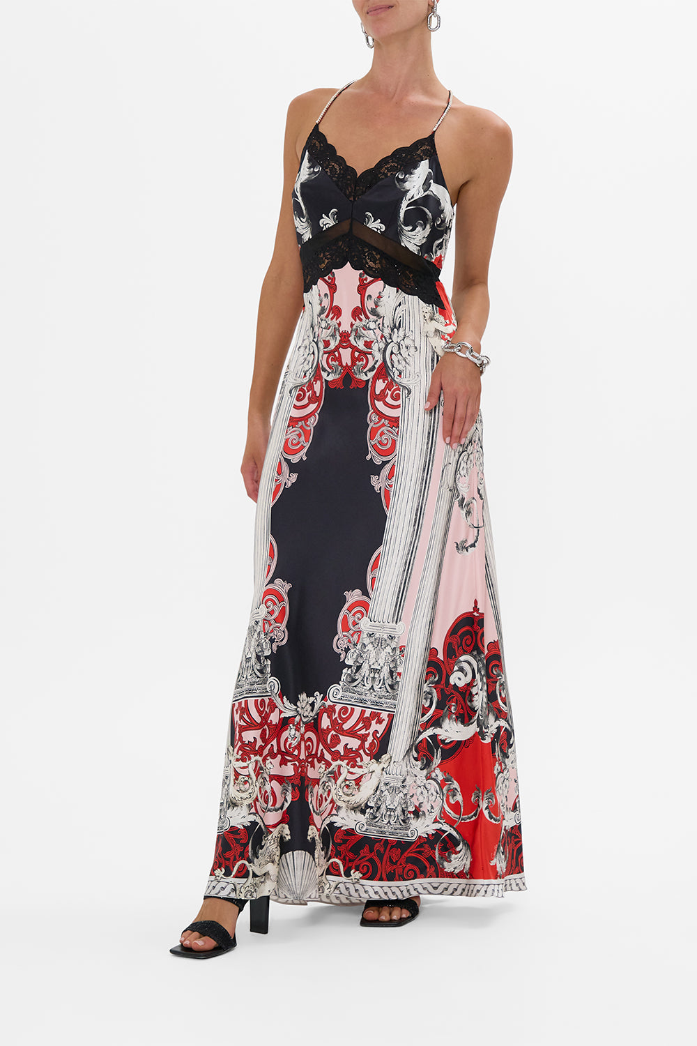 The CAMILLA LACE SPLICE BIAS LONG DRESS MARK OF MEDUSA in our  print.