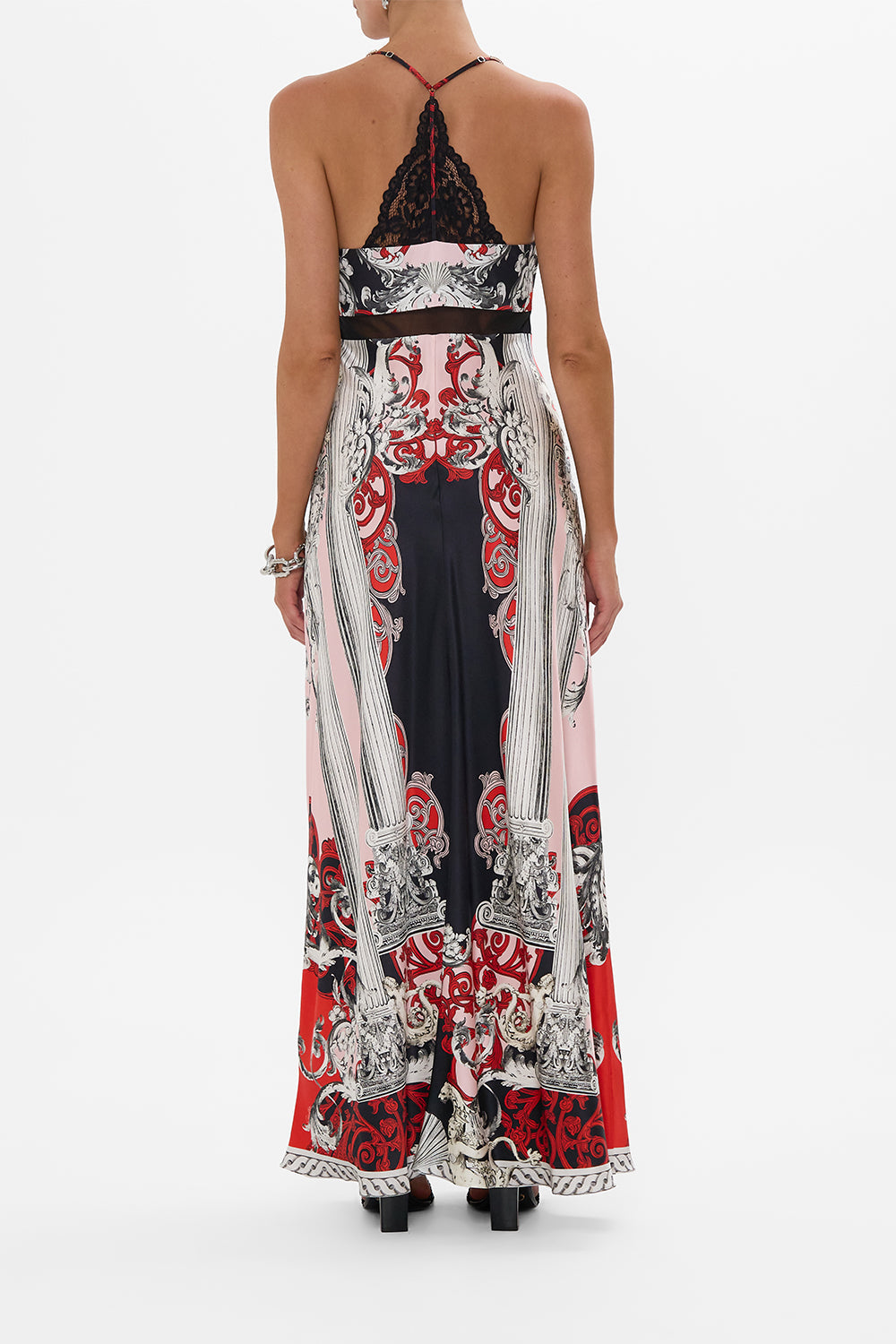 The CAMILLA LACE SPLICE BIAS LONG DRESS MARK OF MEDUSA in our  print.