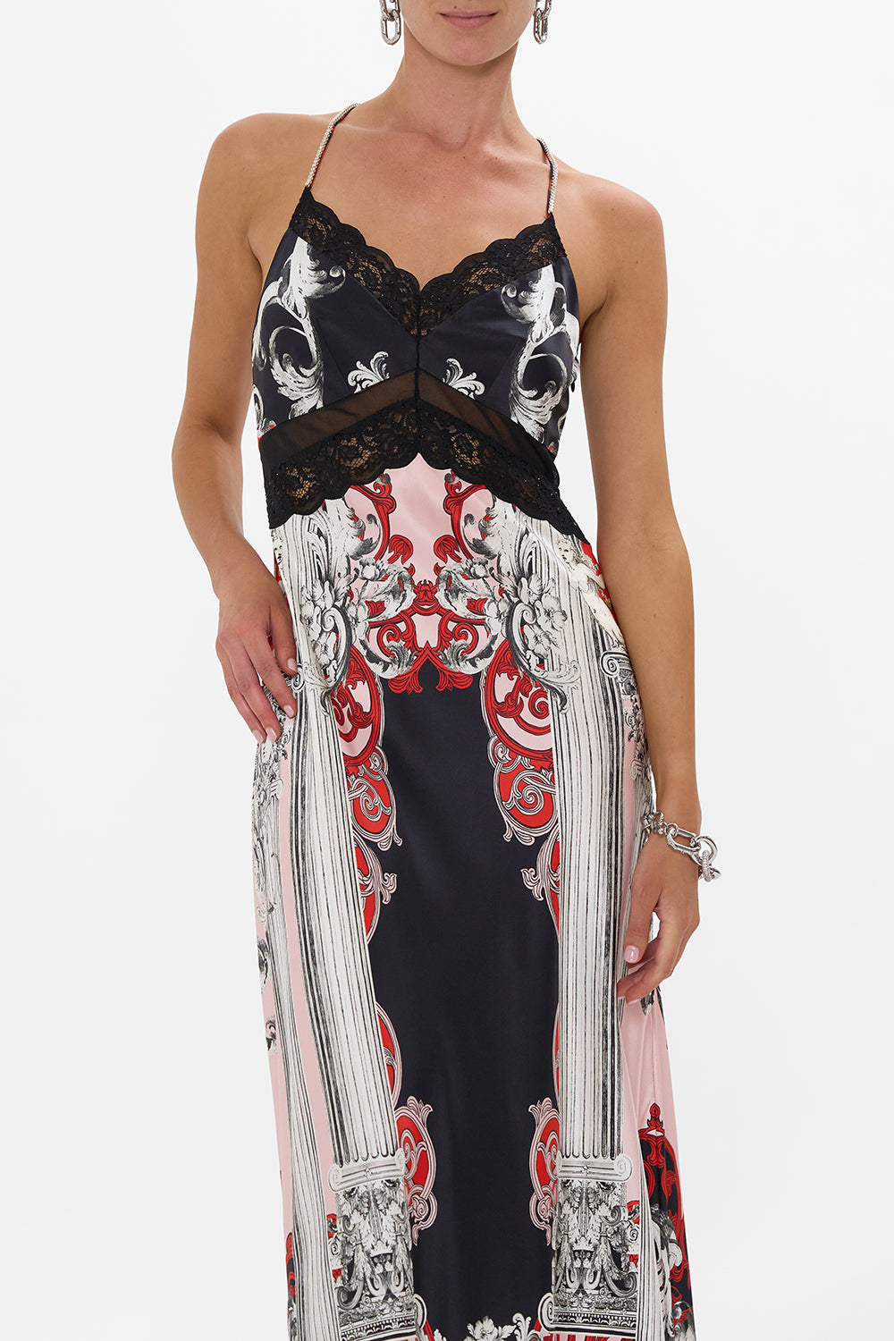 The CAMILLA LACE SPLICE BIAS LONG DRESS MARK OF MEDUSA in our  print.