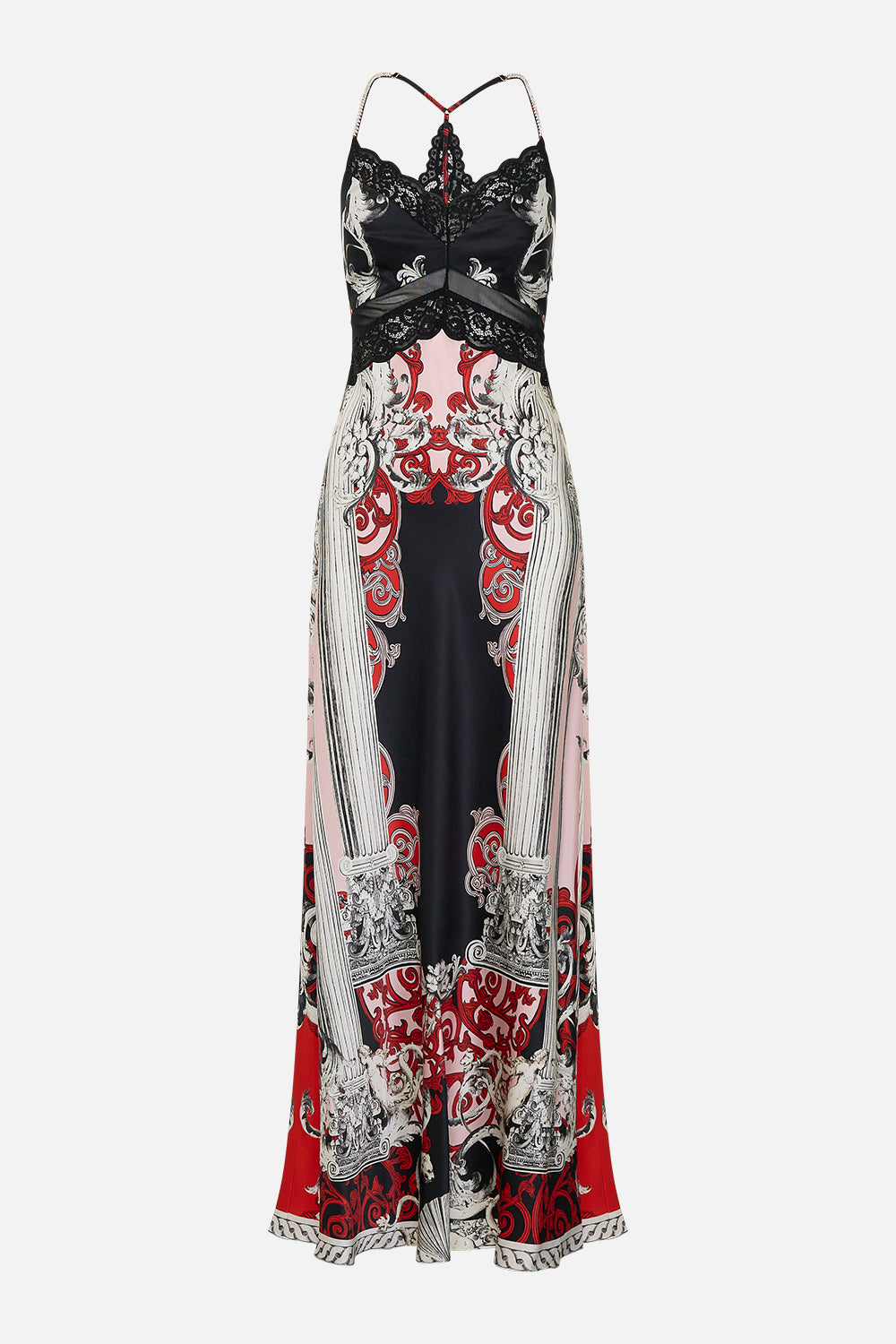 The CAMILLA LACE SPLICE BIAS LONG DRESS MARK OF MEDUSA in our  print.