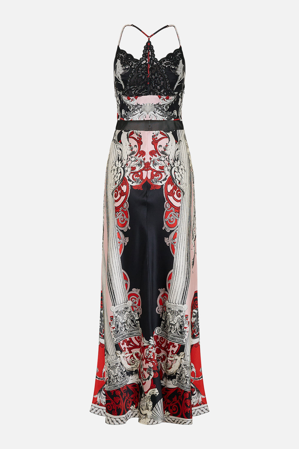 The CAMILLA LACE SPLICE BIAS LONG DRESS MARK OF MEDUSA in our  print.